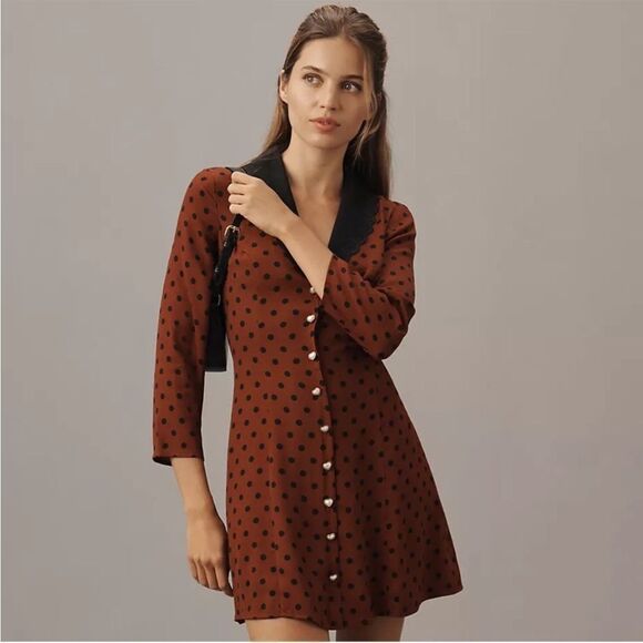 Reformation Dresses & Skirts - NEW Reformation Galene Mini Dress - Fig Jam Polka Dot Wine Black Causal Spring